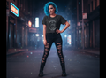 Person with blue hair standing on a neon-lit street at night